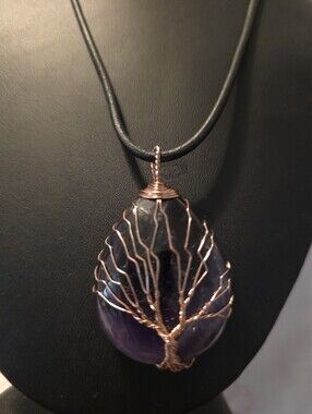 Handcrafted Copper Tree of Life Amethyst Pendant Necklace - Purple